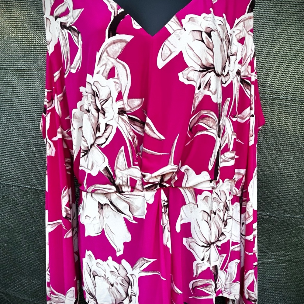 INC International Concepts Floral V-Neck Blouse in Fuchsia and White